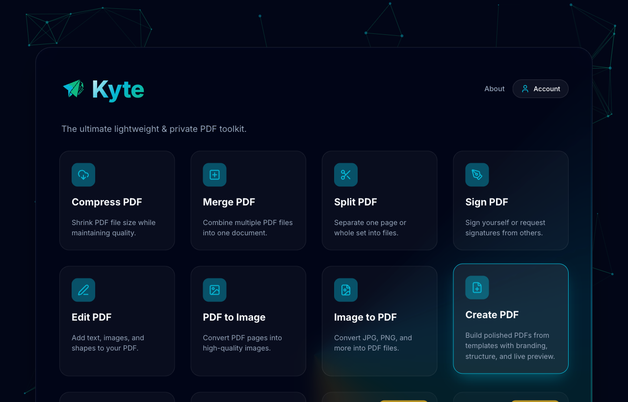 KytePDF dashboard showing PDF compression, merge, split, sign and other document tools.