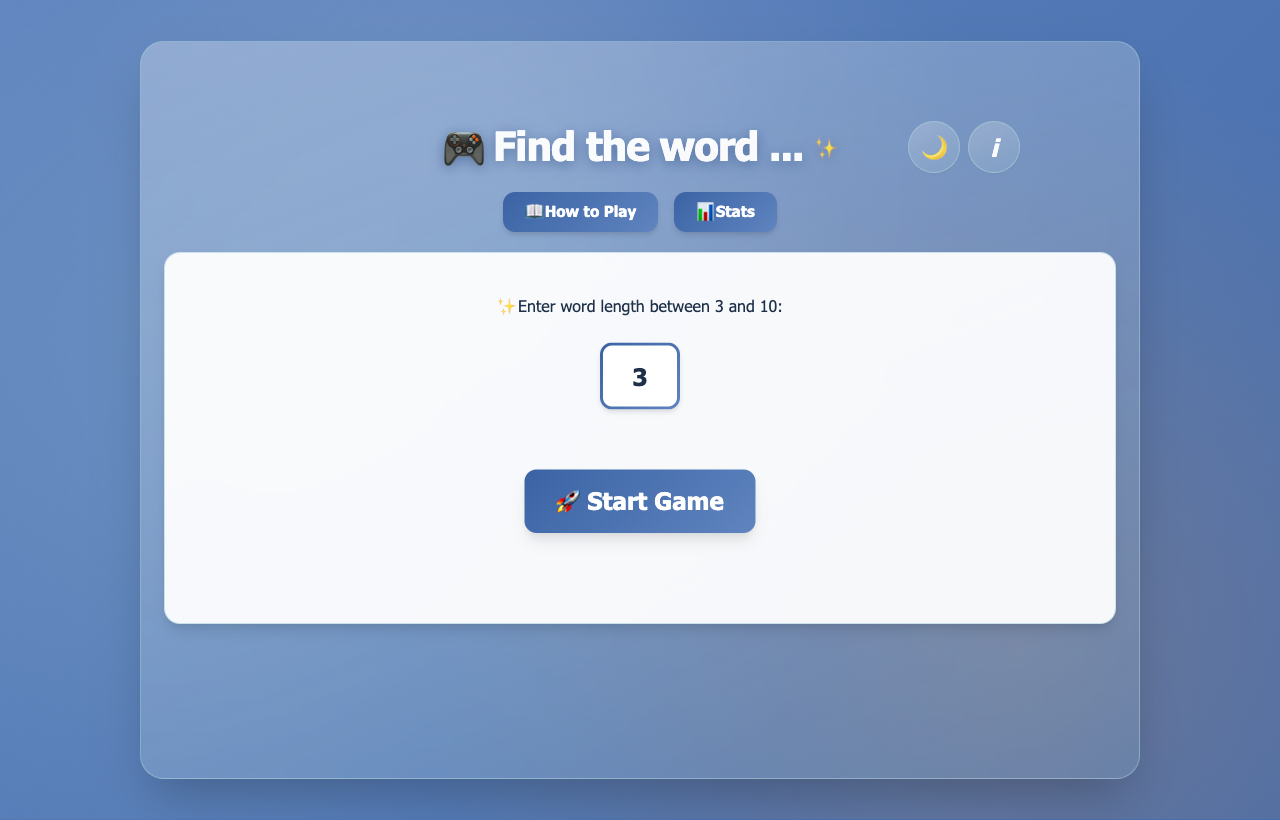 WordGameChallenge start screen showing the word-length control, Start Game button and links to instructions and scores.